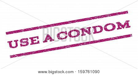 Use a Condom watermark stamp. Text caption between parallel lines with grunge design style. Rubber seal stamp with scratched texture. Vector purple color ink imprint on a white background.