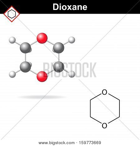 Molecular chemical formula and model of dioxane molecule 2d and 3d vector illustration isolated on white eps 10