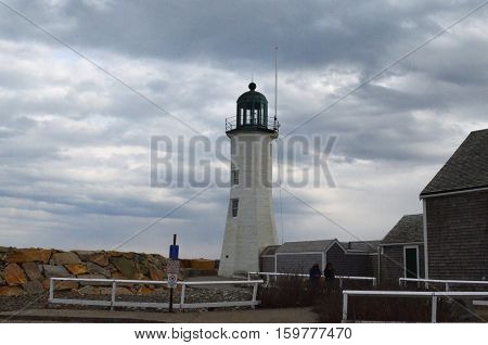 Scituate Lighthouse on an overcast day in early Spring.