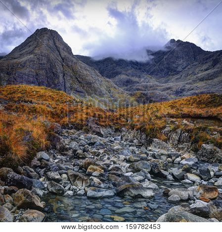 Running clouds running waters. Fairy Pools Glen Brittle Isle of Skye Inner Hebrides Highlands Scotland