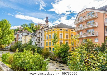 Brunico Town with river Rienz in Italy