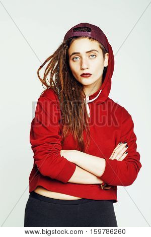 real caucasian woman with dreadlocks hairstyle funny cheerful faces on white background
