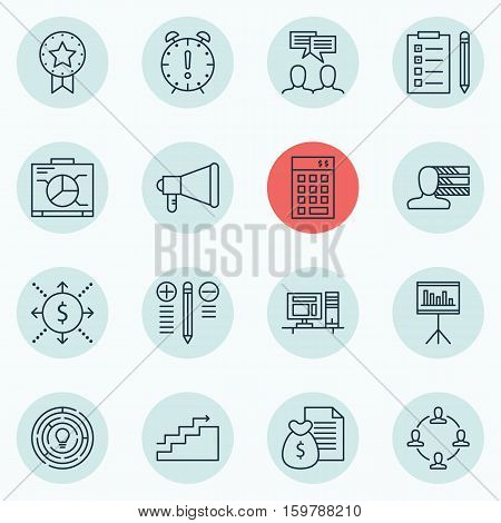 Set Of 16 Project Management Icons. Can Be Used For Web, Mobile, UI And Infographic Design. Includes Elements Such As Right, Office, Workspace And More.