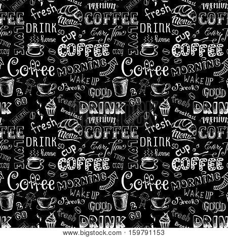 Seamless pattern with Coffee hand drawn lettering on black background stock vector illustration