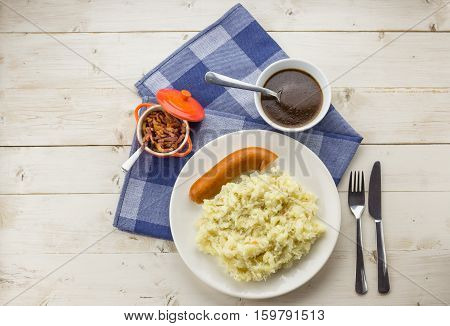 Typical Dutch Dish Zuurkool With Sauerkraut, Smoked Sausage And Gravy