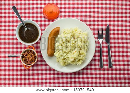 Typical Dutch Dish Zuurkool With Sauerkraut, Smoked Sausage And Gravy