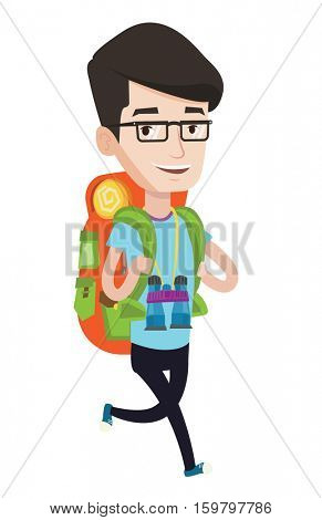 Young caucasian backpacker with backpack and binoculars walking outdoor. Cheerful backpacker running. Backpacker during summer trip. Vector flat design illustration isolated on white background.