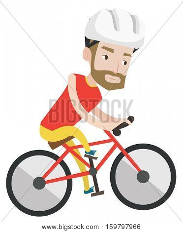 Extreme hipster man with the beard riding on mountain bike. Young confident cuacasian tourist in helmet traveling on a mountain bicycle. Vector flat design illustration isolated on white background.