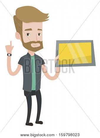 Student using tablet computer. Student holding tablet computer and pointing finger up. Student searching information on tablet computer. Vector flat design illustration isolated on white background.