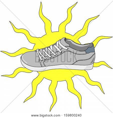 Gray sneakers on a background of the sun. Summer shoes background. Vector illustration. Isolated vector object. Hand drawn.
