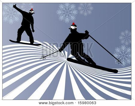 스노우 보더와 스키어 재미