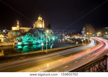 Night Evening Illuminated View Of The Metekhi Church And The Equestrian Statue Of King Vakhtang Gorg