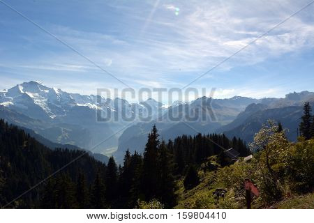 Snow-covered Peaks Of The Alps In Switzerland. Jungfrau. Schynige Platte