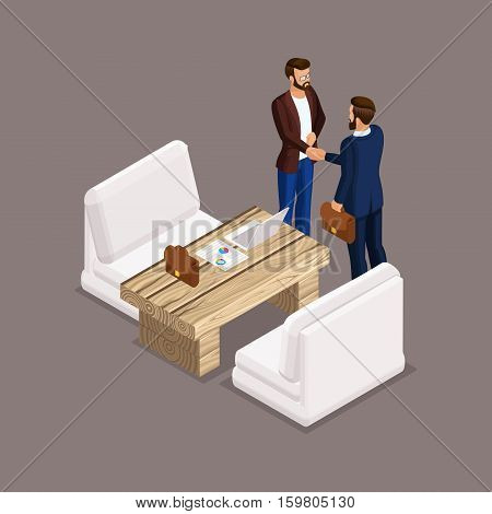Isometric people isometric businessmen negotiations business meeting shaking hands the negotiating table. Laptop documents graphics