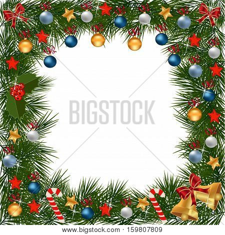 A traditional Christmas Garland made with festive decorations on a white background.Festive Holiday Background. Garland Border Made Of multiple decorations