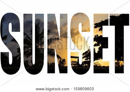 Sunset in Varadero Cuba with horse carriage silhouette as lettering