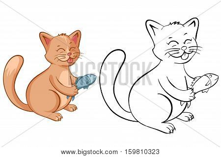 Coloring book page for kids with funny cartoon cat with fish. Vector illustration