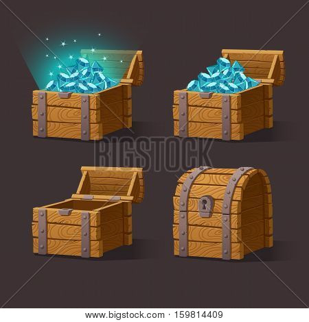 Wooden Chest set for game interface.Vector illustration.Treasure chest of blue crystals, gemstones, diamonds on dark background closed, empty, chest with gems. Gui elements for mobile games