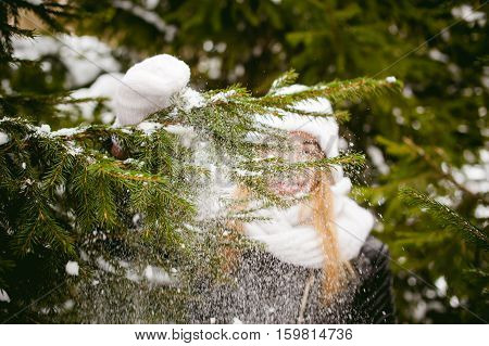 Young Woman In A Forest With Fir And Pine Trees On The Streets, Tree Branches Touching Hands, Brushi
