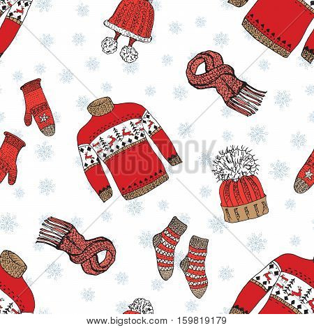 Winter Season Doodle Clothes Seamless Pattern. Hand Drawn Sketch Elements Warm Raindeer Sweater Sock