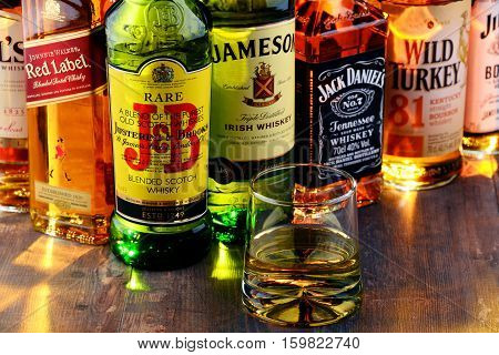 POZNAN POLAND - NOV 23 2016: Whiskey is the most popular liquor in the world. Originated probably in Ireland now it is produced also in India Scotland USA Canada and Japan.