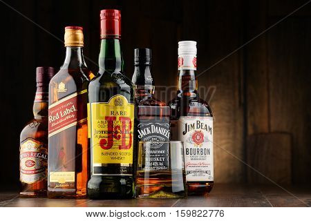 POZNAN POLAND - NOV 23 2016: Whiskey is the most popular liquor in the world. Originated probably in Ireland now it is produced also in India Scotland USA Canada and Japan.