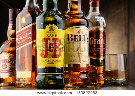 POZNAN POLAND - NOV 23 2016: Whiskey is the most popular liquor in the world. Originated probably in Ireland now it is produced also in India Scotland USA Canada and Japan.