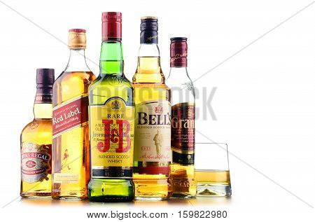 POZNAN POLAND - NOV 23 2016: Whiskey is the most popular liquor in the world. Originated probably in Ireland now it is produced also in India Scotland USA Canada and Japan.