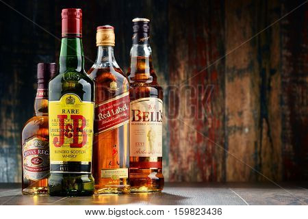 POZNAN POLAND - NOV 23 2016: Whiskey is the most popular liquor in the world. Originated probably in Ireland now it is produced also in India Scotland USA Canada and Japan.
