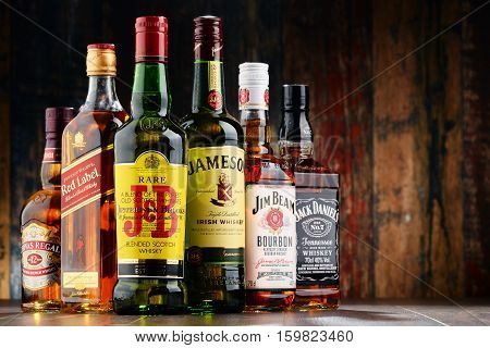 POZNAN POLAND - NOV 23 2016: Whiskey is the most popular liquor in the world. Originated probably in Ireland now it is produced also in India Scotland USA Canada and Japan.