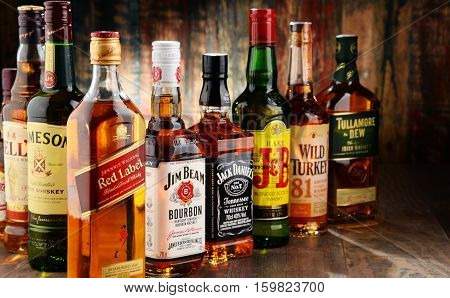 POZNAN POLAND - NOV 23 2016: Whiskey is the most popular liquor in the world. Originated probably in Ireland now it is produced also in India Scotland USA Canada and Japan.