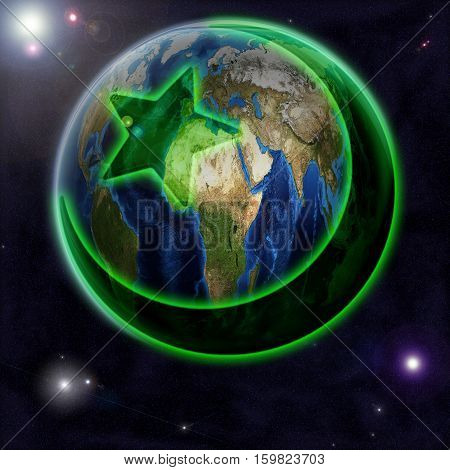 The Islamization of the world. Concept. Globe with the symbol of Islam on the background of the starry sky. Isolated. 3D Illustration