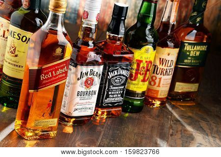 POZNAN POLAND - NOV 23 2016: Whiskey is the most popular liquor in the world. Originated probably in Ireland now it is produced also in India Scotland USA Canada and Japan.
