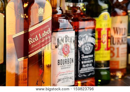 POZNAN POLAND - NOV 23 2016: Whiskey is the most popular liquor in the world. Originated probably in Ireland now it is produced also in India Scotland USA Canada and Japan.