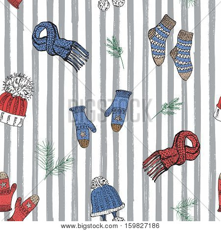Winter Season Doodle Clothes Seamless Pattern. Hand Drawn Sketch Elements Warm Socks, Gloves And Hat