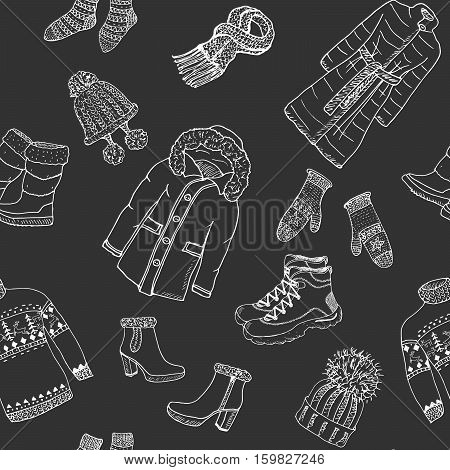 Winter Season Doodle Clothes Seamless Pattern. Hand Drawn Sketch Elements Warm Raindeer Sweater, Coa
