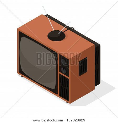 Isometric vector icon of retro television tv set with aerial on the top. Old style isometric 3d TV illustration isolated on white background