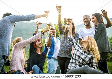Group of friends at restaurant outdoors - People having dinner in a home garden