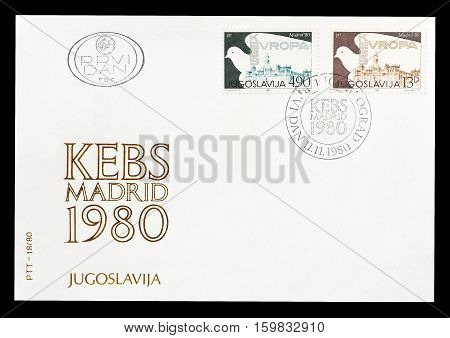 YUGOSLAVIA -CIRCA 1980 : Cancelled First Day Cover Letter printed by Yugoslavia, that shows Madrid.