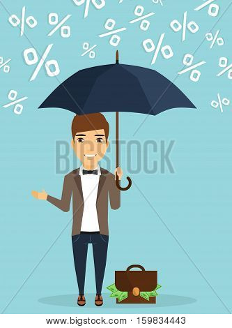 Young businessman concept of protecting capital from the rain of percent. Young businessman with an umbrella in his hand. Happy guy.