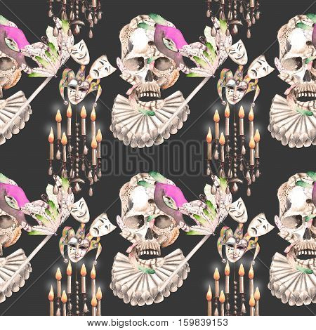 Masquerade theme seamless pattern with skulls, chandeliers with candles and masks in Venetian style, hand drawn on a dark background, in sepia color