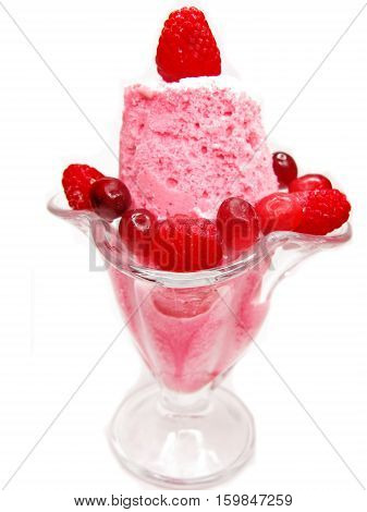 pink fruit raspberry ice-cream in syrup isolated
