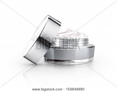 Gray cosmetic jar and cream on white background