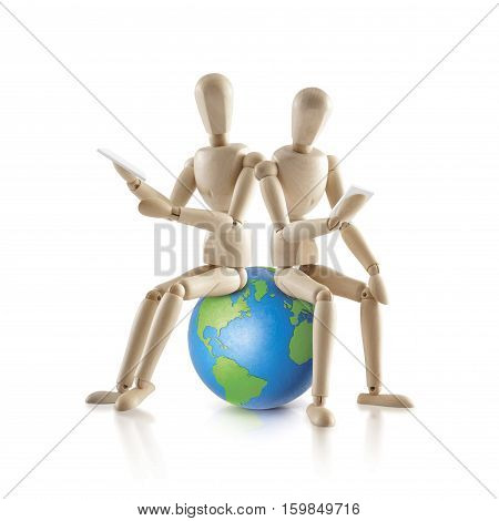 Two Wood model sit on the world on white background