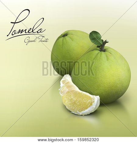 Pomelo on green solid background with text