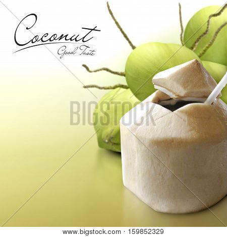 Young coconut on solid background with text