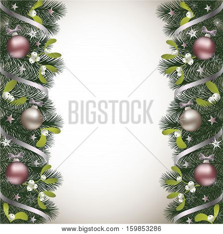 Christmas background with fir branch and mistletoe border ribbons and Christmas decorations