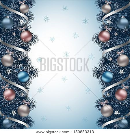 Christmas background with blue fir branch border ribbons and Christmas decorations