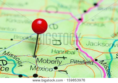Moberly pinned on a map of Missouri, USA