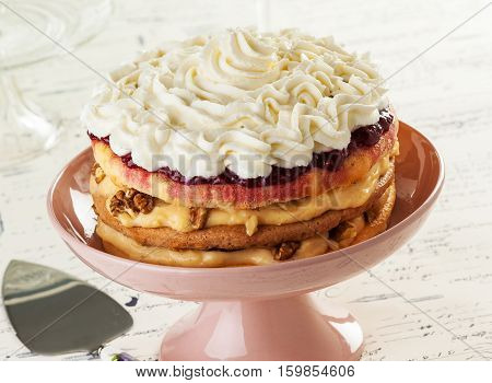 Somloi galuska is a Hungarian dessert made with three different-flavored sponge cakes.